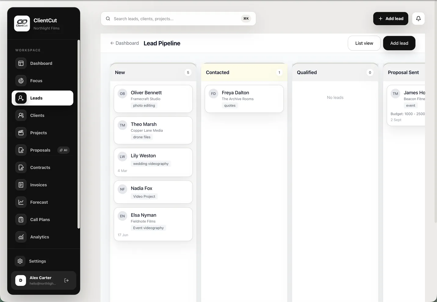 ClientCut lead pipeline with sample enquiries