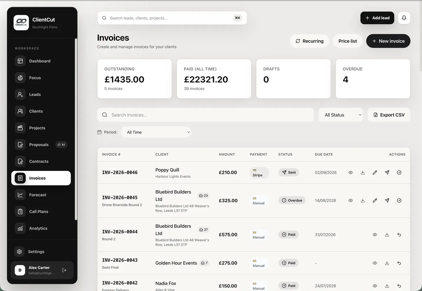 ClientCut invoice management showing sample invoices and payment statuses