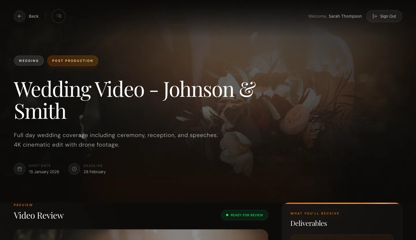 ClientCut client portal showing a wedding film, project details and deliverables