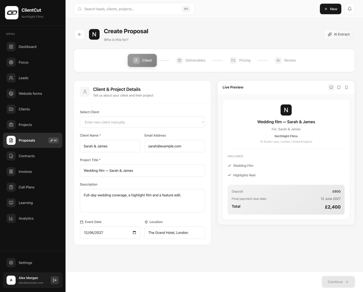 ClientCut proposal editor with sample project details, deliverables and pricing